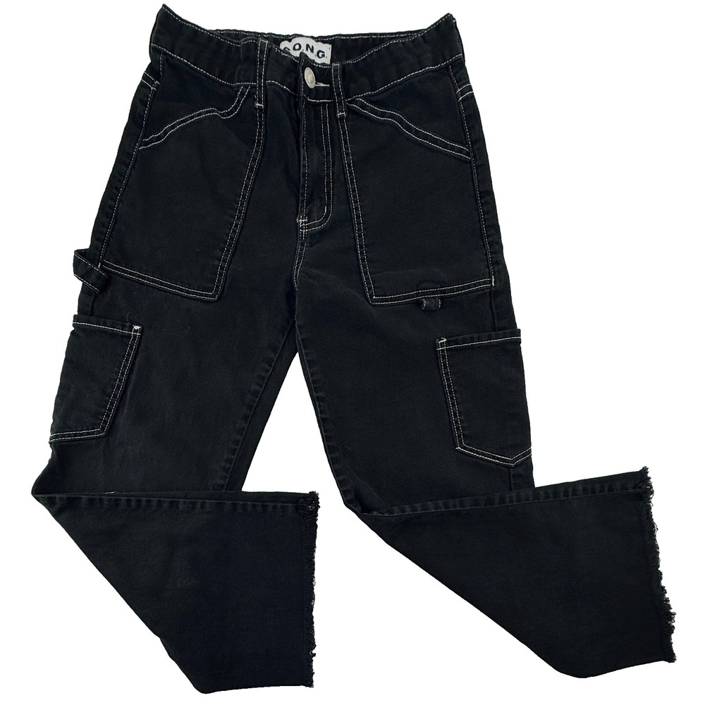 Women Black Carpenter Pants High Rise Utility Cargo Contrast Stitch Raw Hem 3/26